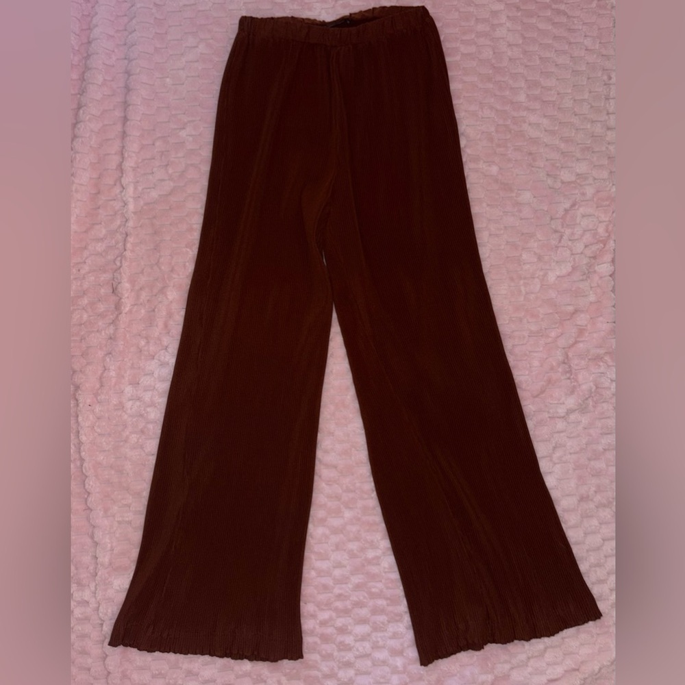 PrettyLittleThing Chocolate Plisse Woven Wide Leg Trousers Size US 8 - Picture 3 of 6
